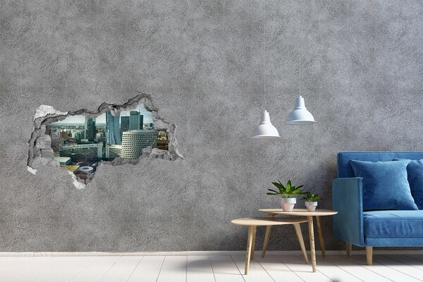 3D sticker gat in stenen muur Uitzicht op de moderne stad