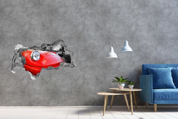 3D muursticker gescheurde muur Rode sportwagen achter het gat in de muur