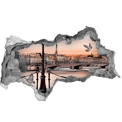 3D sticker gat in stenen muur Parijse zonsondergang
