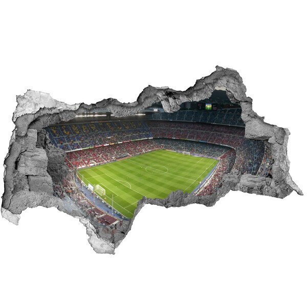 3D sticker gat in stenen muur Het voetbalstadion in actie.