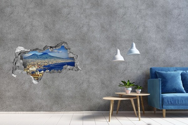 Wandsticker 3D doorkijk Uitzicht op Napels met de Vesuvius op de achtergrond.