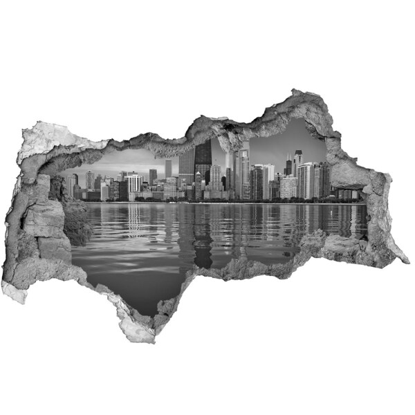 Zelfklevende 3D wandsticker illusie Uitzicht op de stad vanaf het water