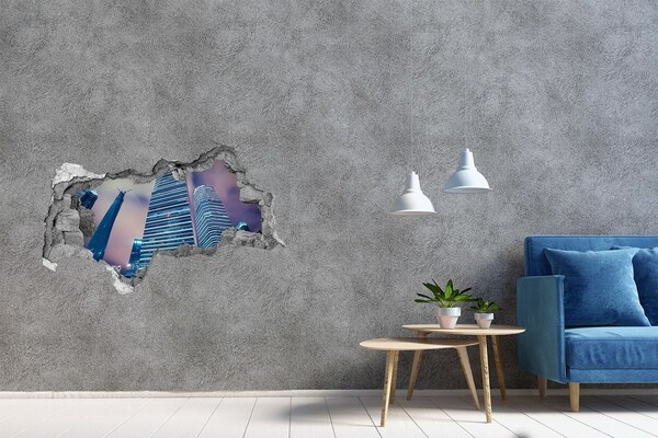 3D sticker gat in stenen muur De moderne stad gezien door een gat in de muur.