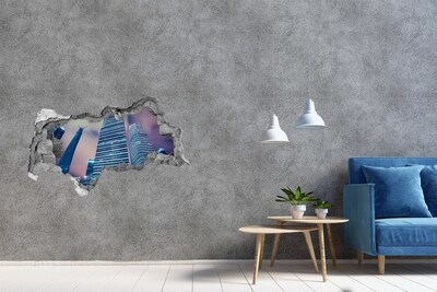 3D sticker gat in stenen muur De moderne stad gezien door een gat in de muur.