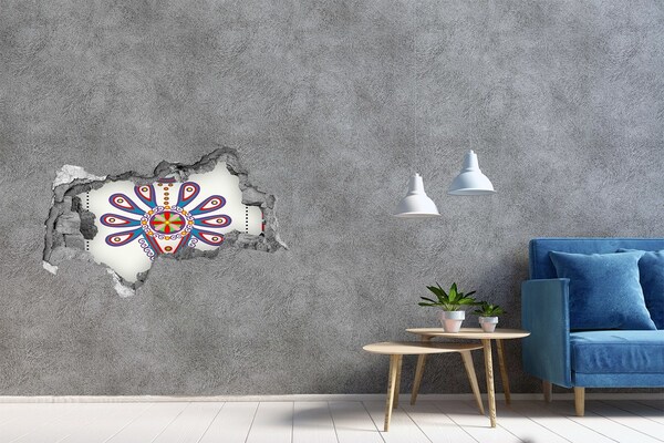 3D sticker gat in stenen muur Een kleurrijk patroon tegen de achtergrond van een beschadigde muur.