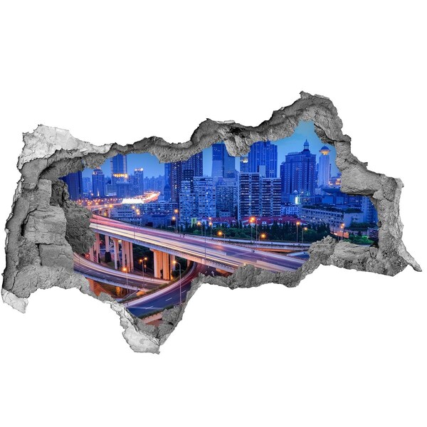 3D muursticker gescheurde muur Moderne stad 's nachts