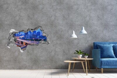 3D muursticker gescheurde muur Moderne stad 's nachts