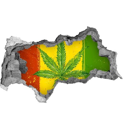 3D muursticker gescheurde muur Groen cannabisblad op een geel-rood-groene achtergrond