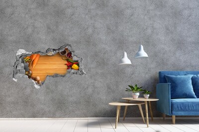 3D muursticker gescheurde muur Uitzicht op de keuken vanachter de muur.