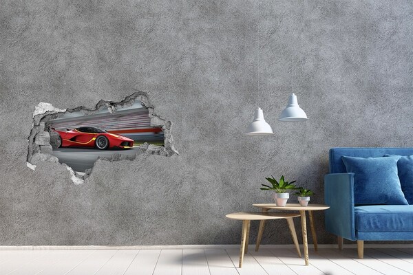 3D sticker gat in stenen muur Een raceauto op het circuit.