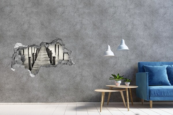 Zelfklevende 3D wandsticker illusie Houten brug over het water