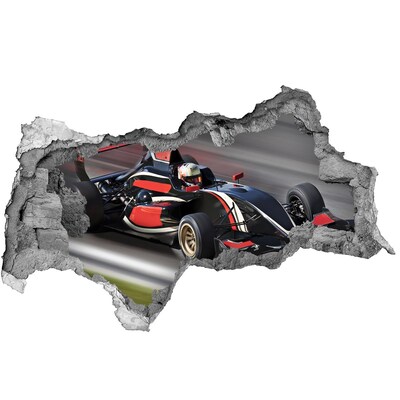 3D muursticker gescheurde muur Een raceauto op het circuit.