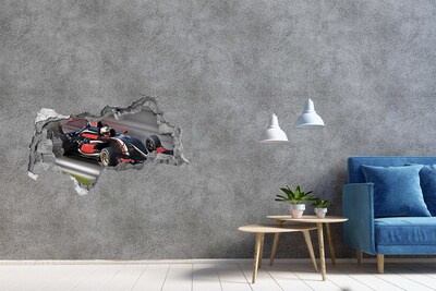 3D muursticker gescheurde muur Een raceauto op het circuit.