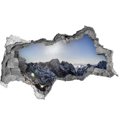 3D sticker gat in stenen muur Berglandschap met zonnestralen