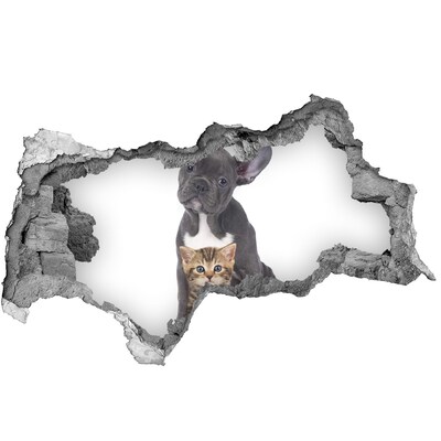 3D muursticker gescheurde muur Schattige dieren achter de muur