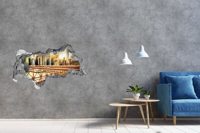 3D sticker gat in stenen muur Brooklyn Bridge bij zonsondergang