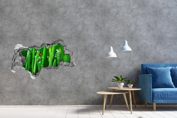 Zelfklevende 3D wandsticker illusie Een dauwdruppel op het gras met een lieveheersbeestje
