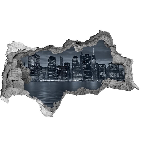 Zelfklevende 3D wandsticker illusie Uitzicht op de skyline van New York 's nachts