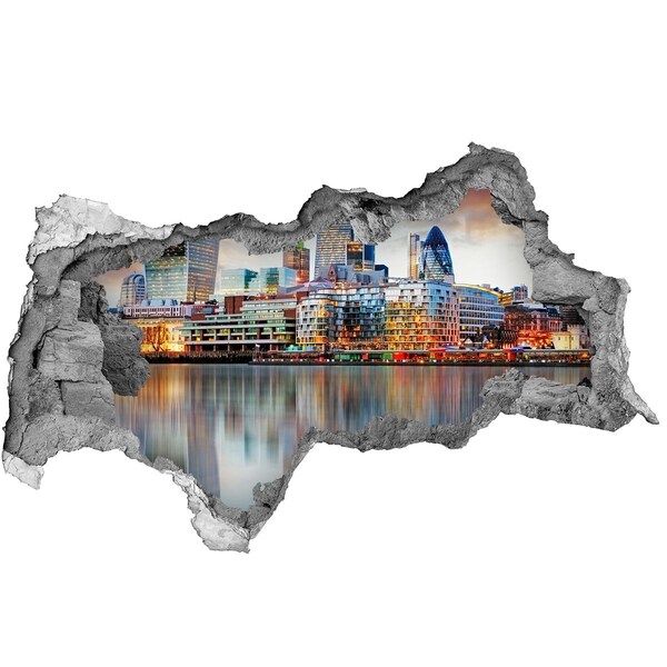 3D sticker gat in stenen muur Een uitzicht op een moderne stad aan het water.
