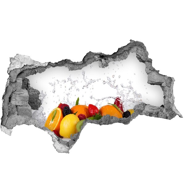 3D sticker gat in stenen muur Vers fruit in een waterexplosie