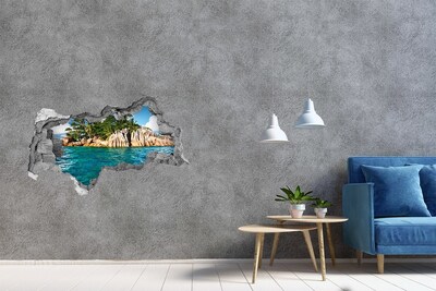 Zelfklevende 3D wandsticker illusie Exotisch strand met palmbomen