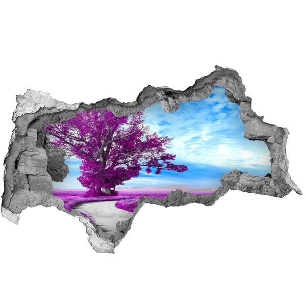 3D muursticker gescheurde muur Landschap in paarse tinten