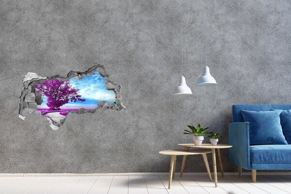 3D muursticker gescheurde muur Landschap in paarse tinten