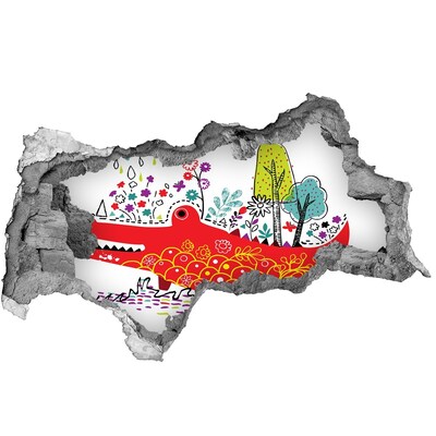 3D sticker gat in stenen muur Krokodil in een kleurrijk landschap