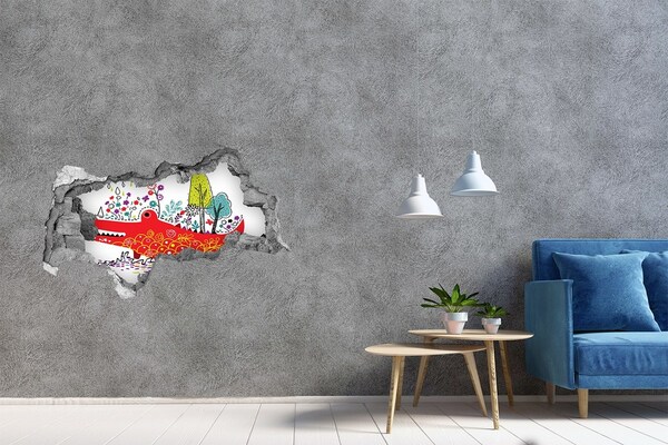 3D sticker gat in stenen muur Krokodil in een kleurrijk landschap