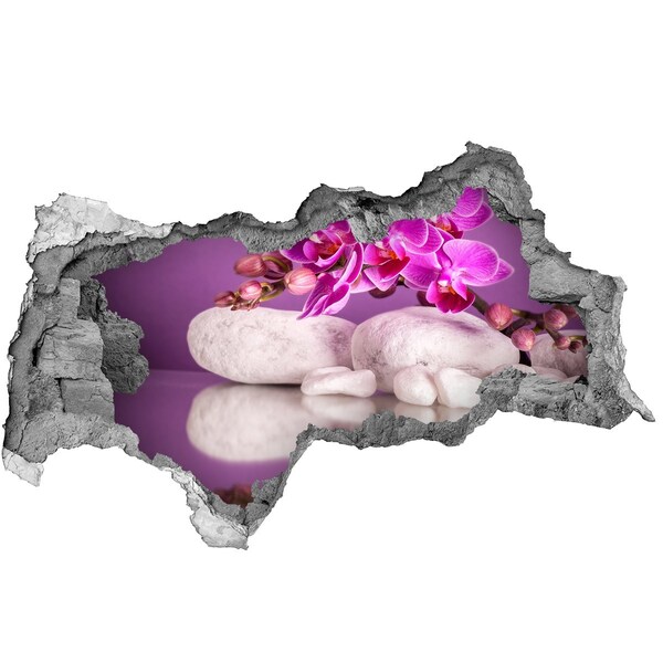 Wandsticker 3D doorkijk Orchidee op een achtergrond van stenen