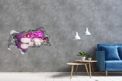 Wandsticker 3D doorkijk Orchidee op een achtergrond van stenen
