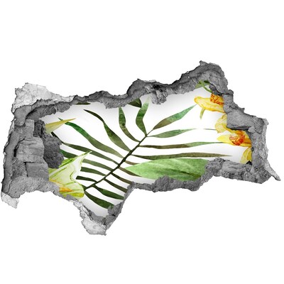 Wandsticker 3D doorkijk Groene palmboom door een gat in de muur