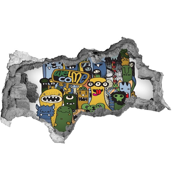 Wandsticker 3D doorkijk Kleurrijke monsters in een gat in de muur