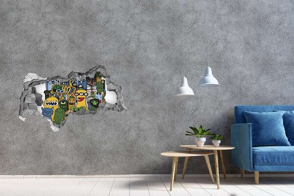Wandsticker 3D doorkijk Kleurrijke monsters in een gat in de muur