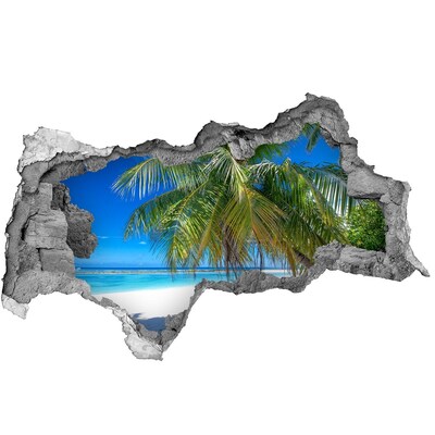 3D sticker gat in stenen muur Tropisch strand met palmbomen