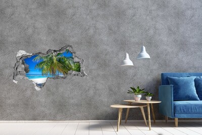 3D sticker gat in stenen muur Tropisch strand met palmbomen