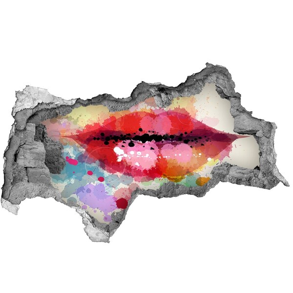 3D muursticker gescheurde muur Kleurrijke lippen tegen een betonnen achtergrond.