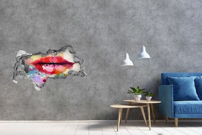 3D muursticker gescheurde muur Kleurrijke lippen tegen een betonnen achtergrond.