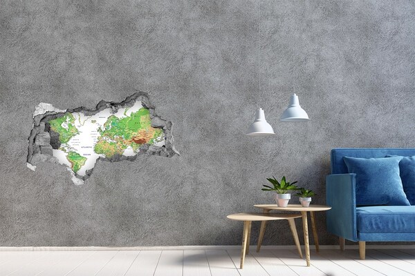 Wandsticker 3D doorkijk Wereldkaart door een gat in de muur