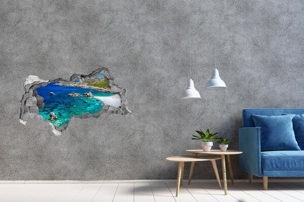 3D sticker gat in stenen muur Turquoise water in het gat