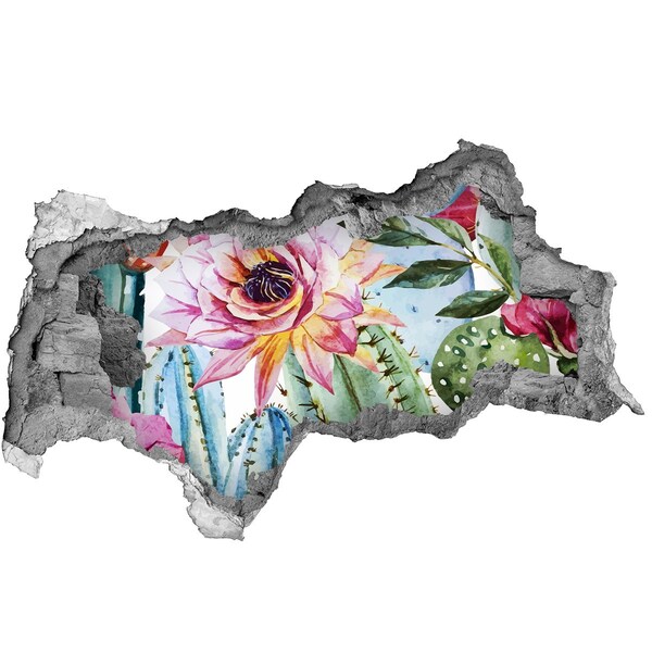 3D sticker gat in stenen muur Een cactus met een bloem in een gat in de muur.