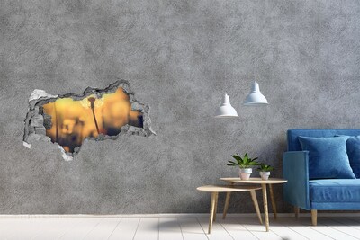 3D sticker gat in stenen muur Een versleten vloer met kleurrijke tegels.