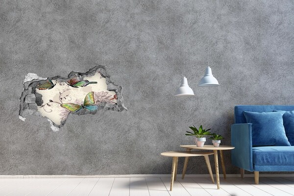 Dziura 3d foto tapeta naklejka Motyle w zniszczonej ścianie