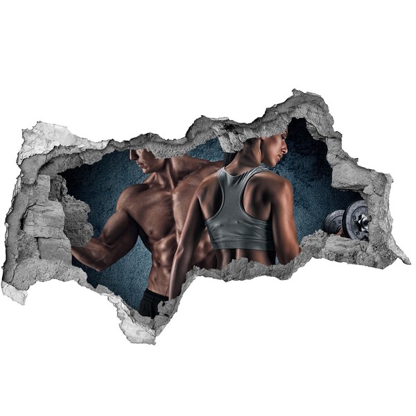 Zelfklevende 3D wandsticker illusie Uitzicht op de stad door een gat in de muur.