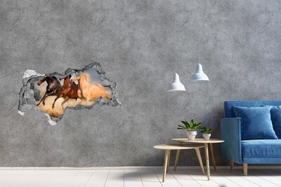 3D sticker gat in stenen muur Galopperende paarden in het wild