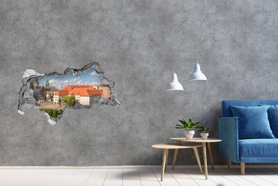 Zelfklevende 3D wandsticker illusie Berglandschap achter het gat in de muur