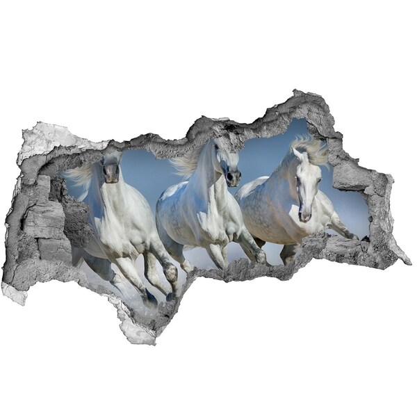 3D muursticker gescheurde muur Witte paarden op het strand