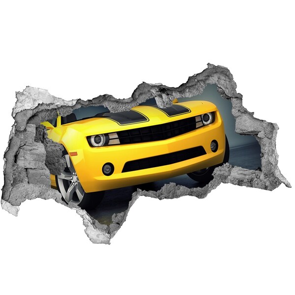 Dziura 3d fototapeta naklejka Zniszczony mur z żółtym samochodem