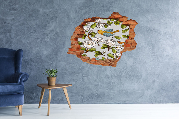 Dziura 3d fototapeta naklejka Kwiatowy raj z ptakiem