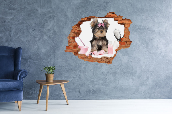 Dziura 3d fototapeta Słodki yorkshire terrier w różowej kokardce
